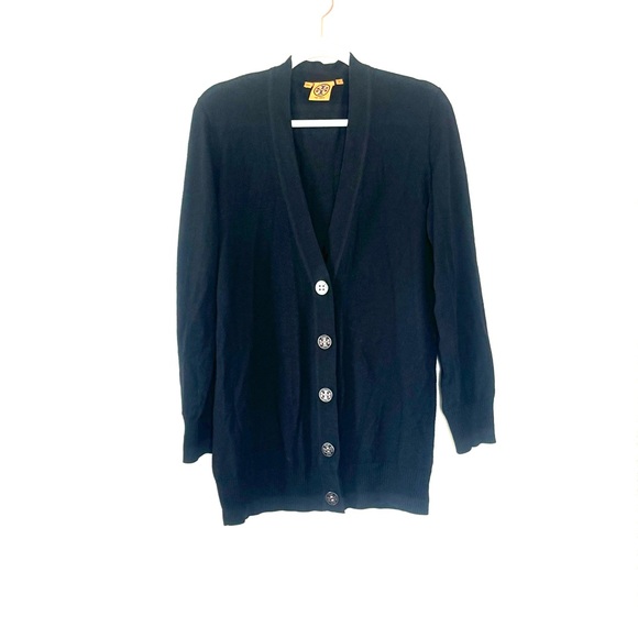 Tory Burch Sweaters - Tory Burch Black 100% Merino Wool Boyfriend Cardigan Sweater *holes M